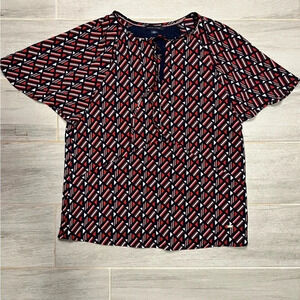 Tommy Hilfiger Red, White and Blue geometrical v neck blouse, Women’s Size XXS